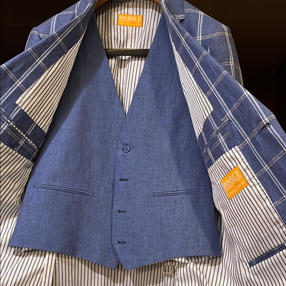 inserch italy Other - Men's Blue Linen Blend Waistcoat & Windowpane Blazer Set